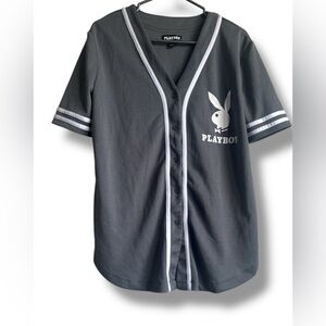 PLAYBOY Unisex Baseball Oversized V-Neck Button Jersey Top White Trim Sz XS